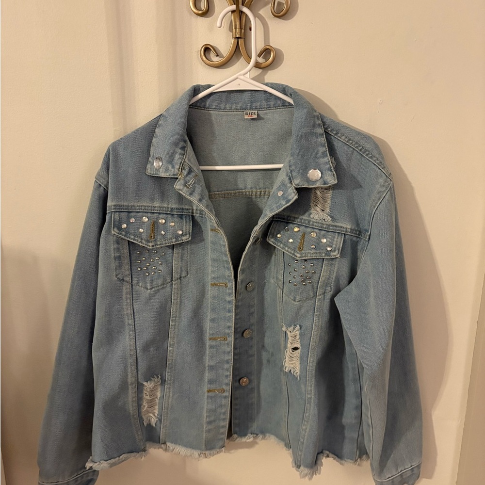 Blue Spice Light Blue Distressed Jean Jacket with Studs